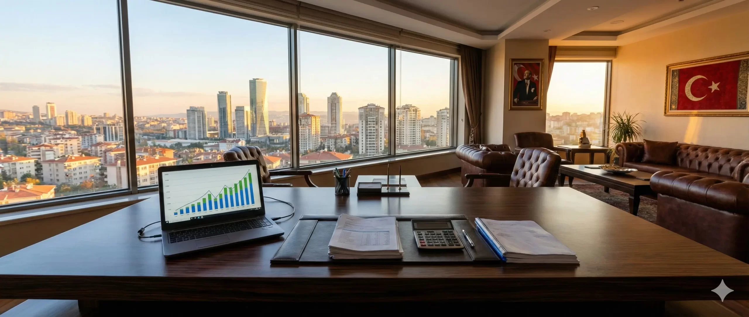 Ankara genelinde hizmet veren SMMM Ali İsmail Ertaş kurumsal ofisi, Atatürk portresi ve şehir manzarası