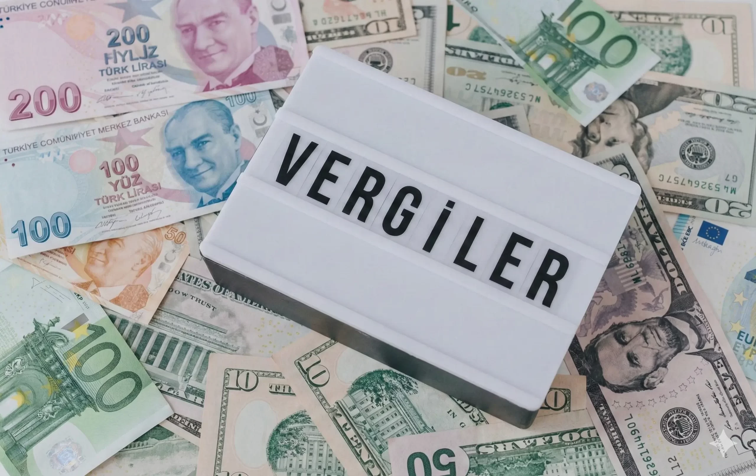 Türk Lirası, Dolar ve Euro banknotları üzerinde duran Vergiler yazılı tabela ile vergi danışmanlığı ve finansal planlama konsepti mamak ankara